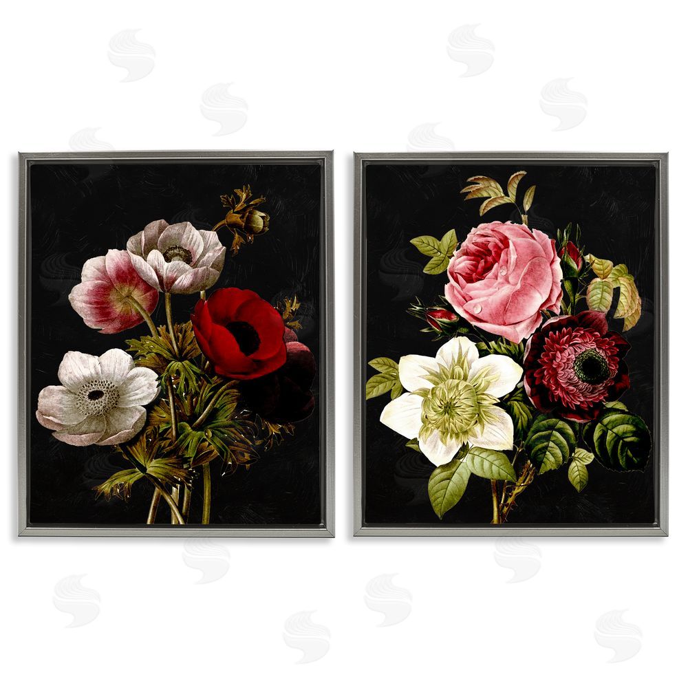 Piddix Vintage Blooms on Black Gray Floating Frame Canvas Wall Art Print