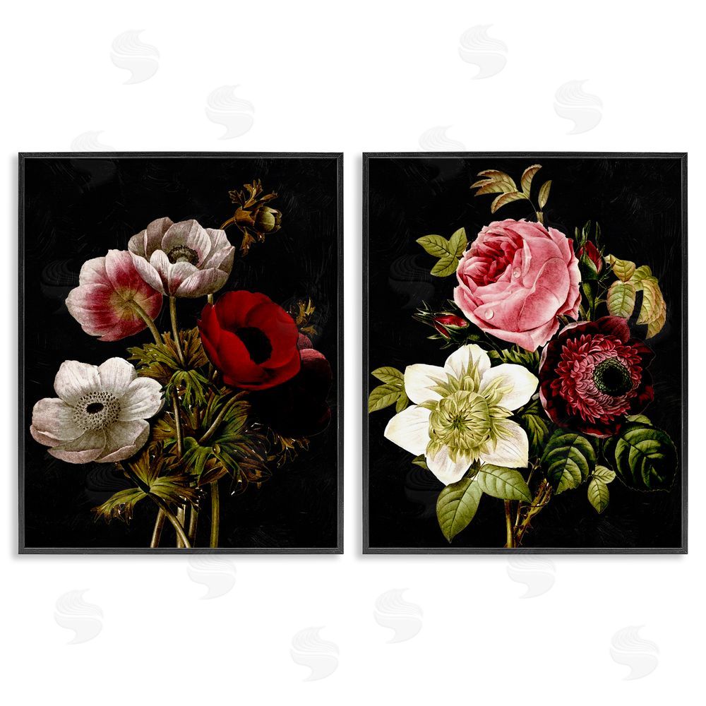 Piddix Vintage Blooms on Black Black Framed Giclee Wall Art Print