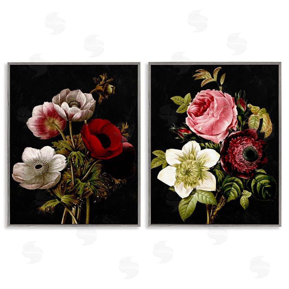 Piddix Vintage Blooms on Black Gray Framed Giclee Wall Art Print