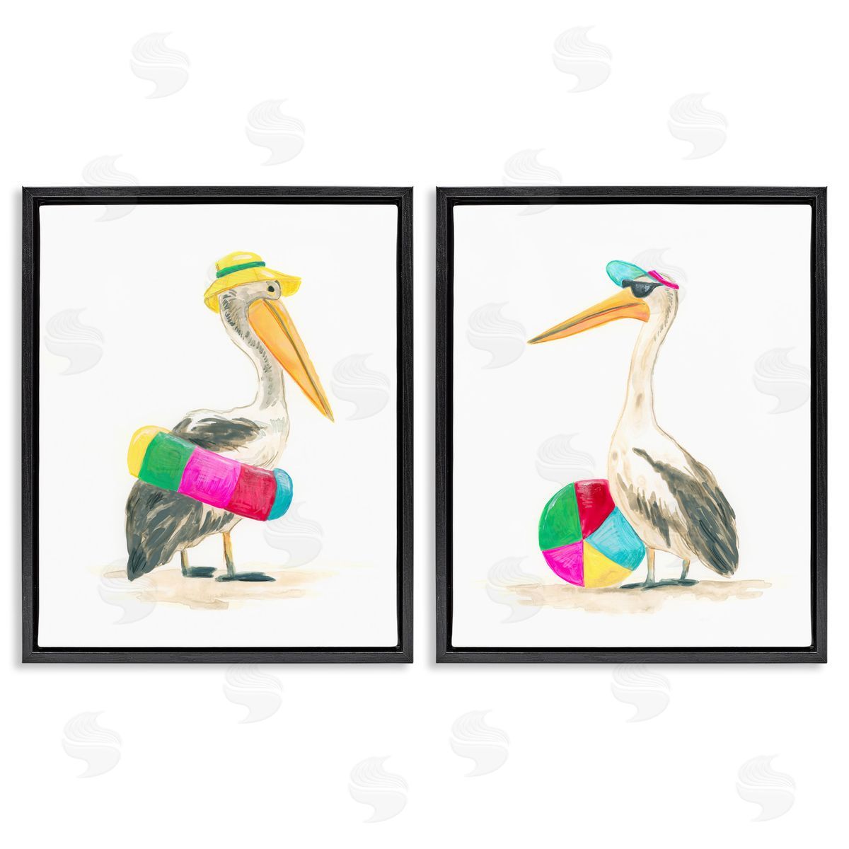 June Erica Vess Pelicans & Beach Floats Black Floater Frame Canvas Art