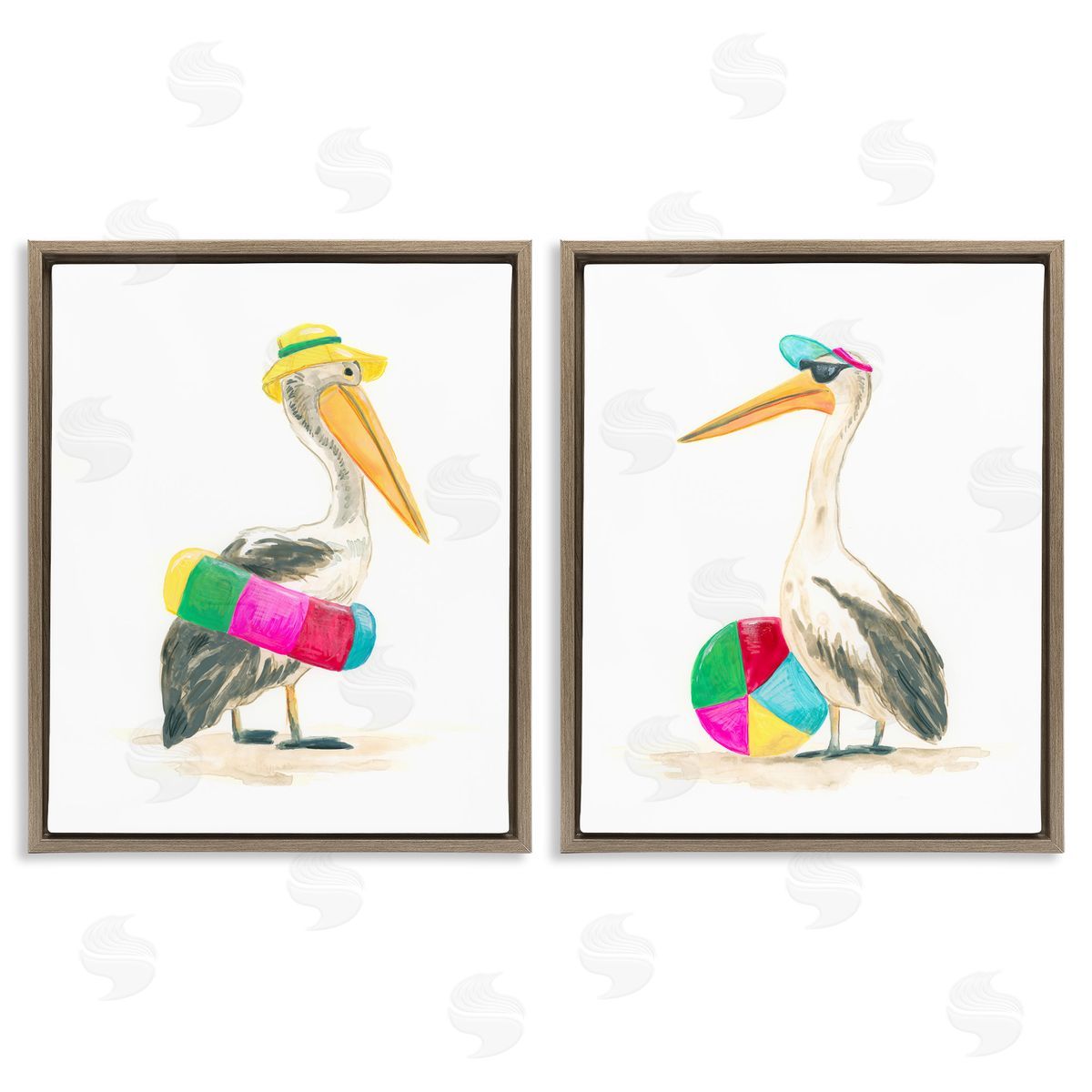June Erica Vess Pelicans & Beach Floats Brown Floater Frame Canvas Art
