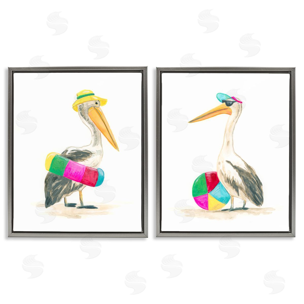 June Erica Vess Pelicans & Beach Floats Gray Floater Frame Canvas Art