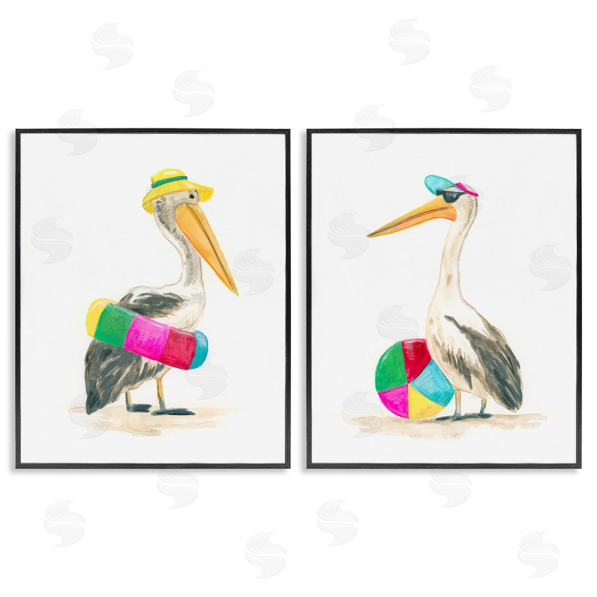 Pelicans & Beach Floats Black Frame Print Wall Art, Home Decor by June Erica Vess