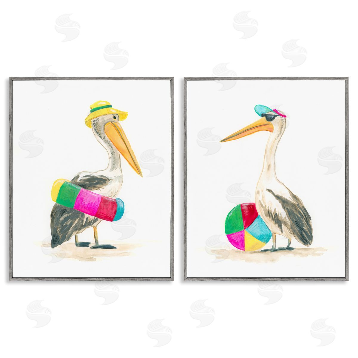 Pelicans & Beach Floats Grey Frame Print Wall Art, Home Decor by June Erica Vess