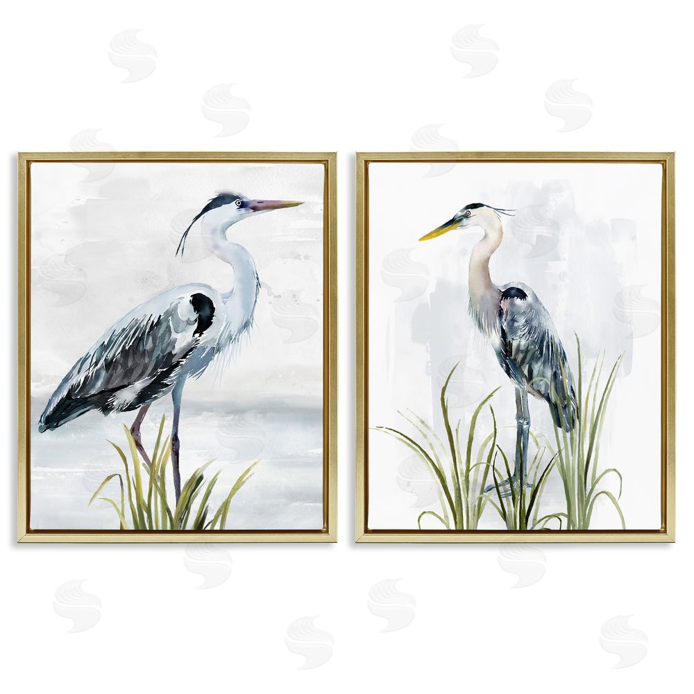 Carson Lyons Soft Nautical Egrets Gold Floating Frame Canvas Wall Art Print