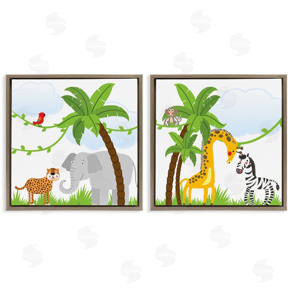 Kim Allen Jungle Animals Scene Brown Floating Frame Canvas Wall Art Print