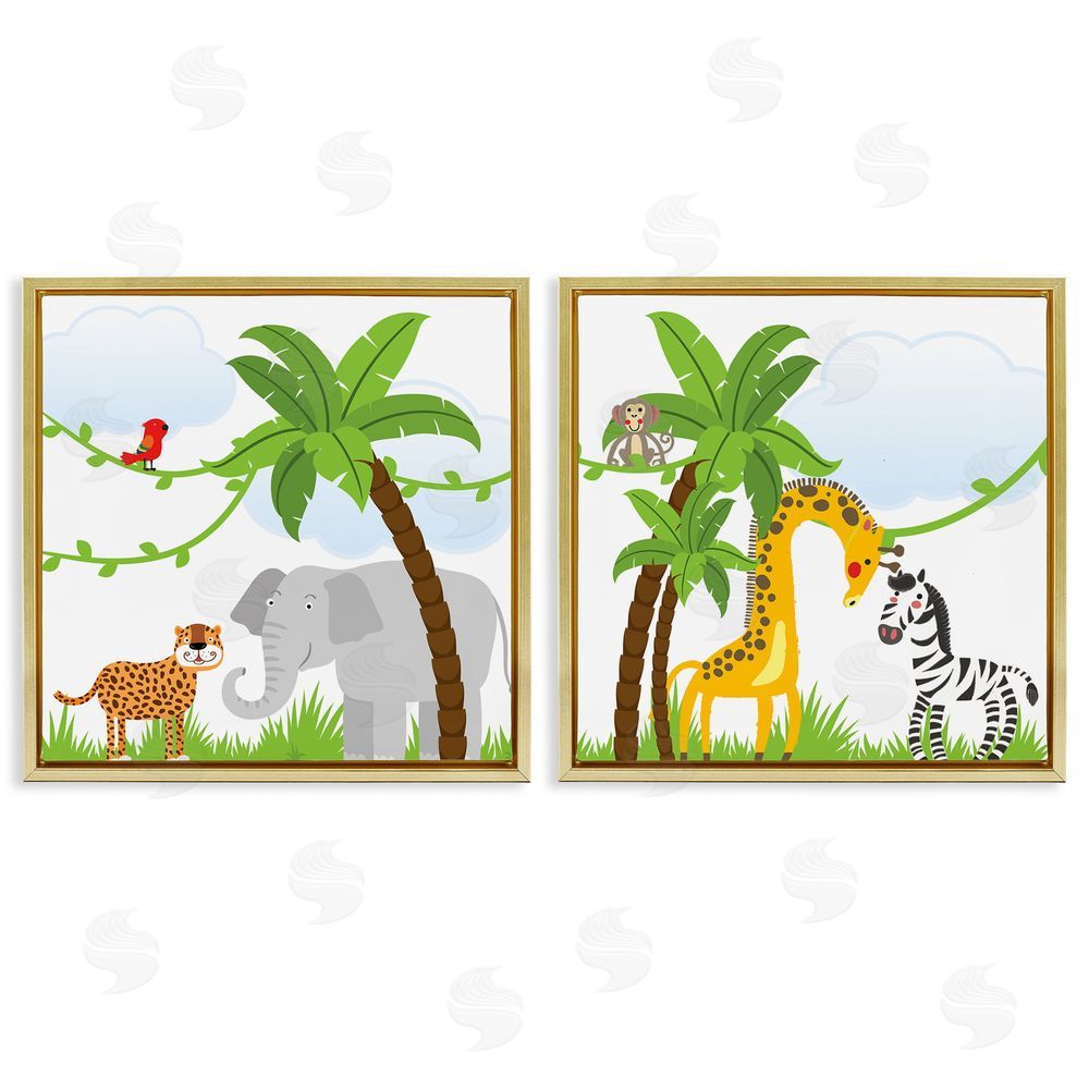 Kim Allen Jungle Animals Scene Gold Floating Frame Canvas Wall Art Print