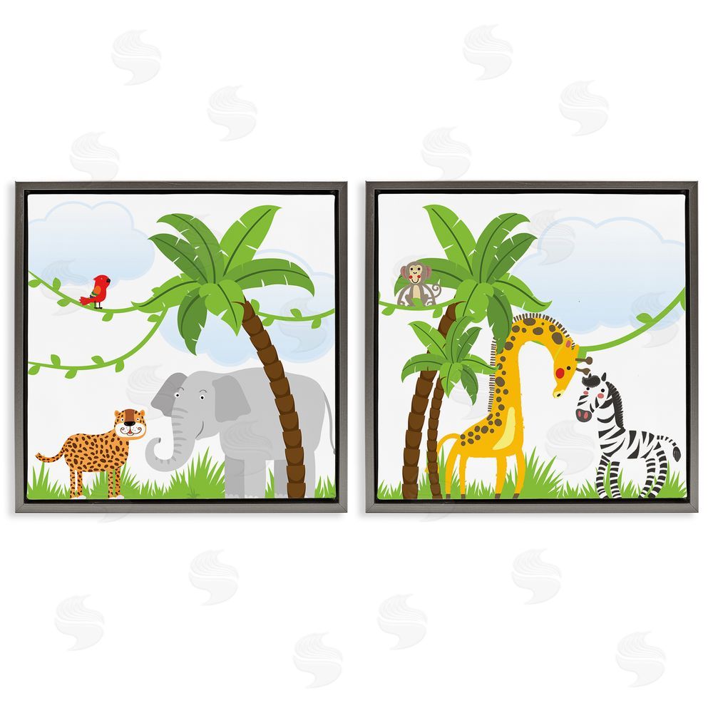 Kim Allen Jungle Animals Scene Gray Floating Frame Canvas Wall Art Print