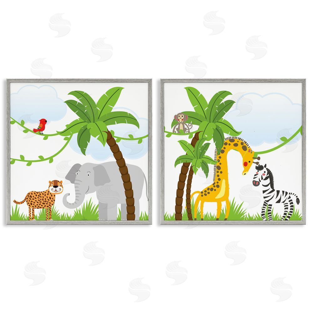 Kim Allen Jungle Animals Scene Gray Framed Giclee Wall Art Print