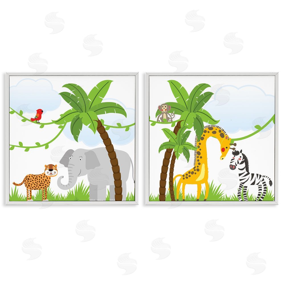 Kim Allen Jungle Animals Scene White Framed Giclee Wall Art Print