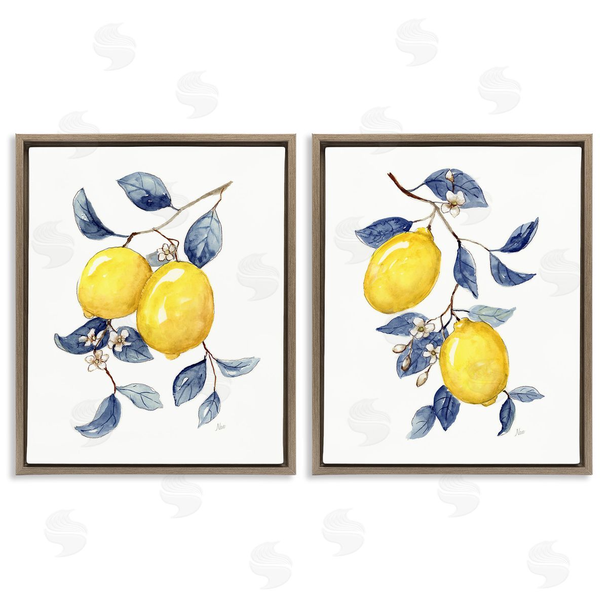 Nan Budding Lemon Blossoms Brown Floating Frame Canvas Wall Art Print