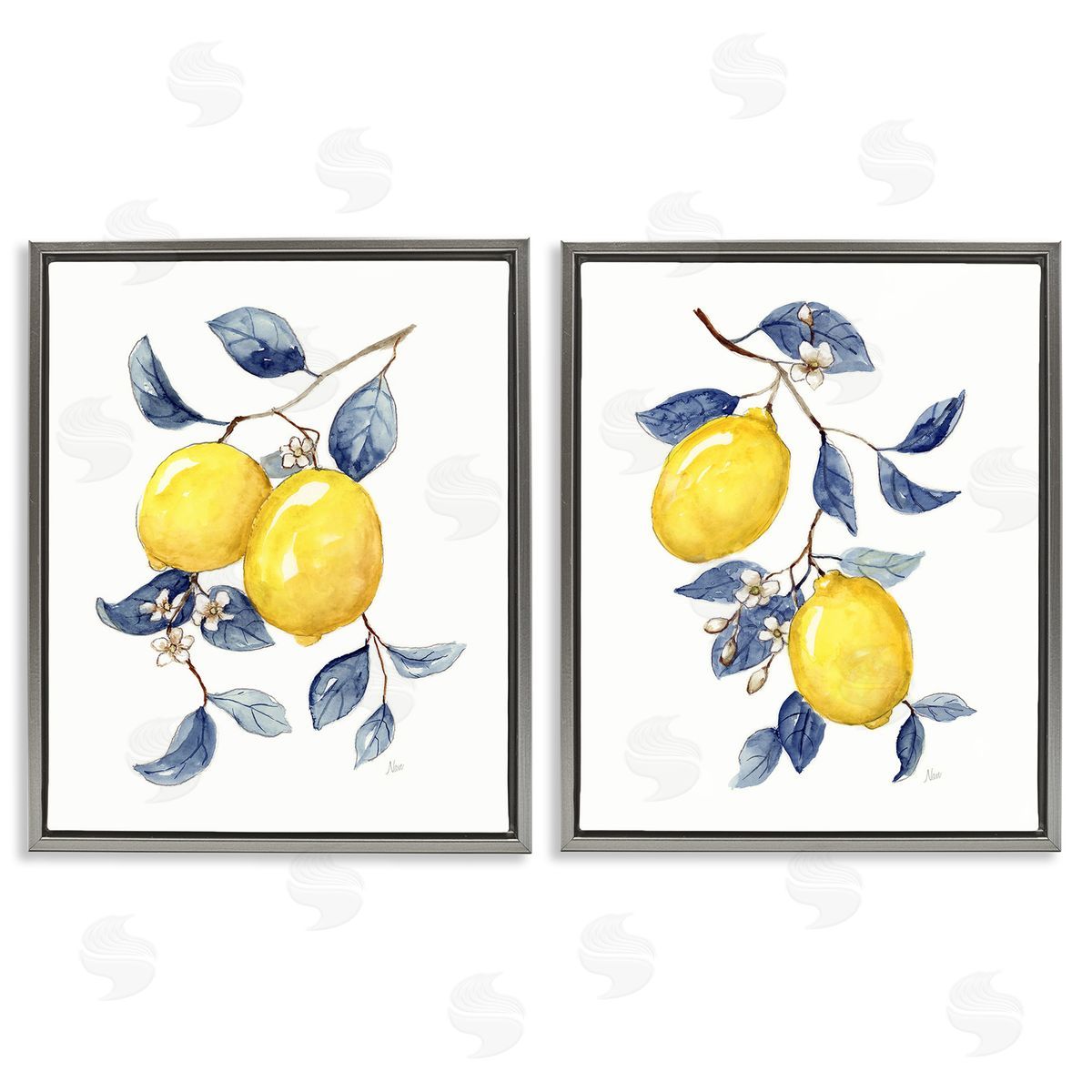 Nan Budding Lemon Blossoms Gray Floating Frame Canvas Wall Art Print