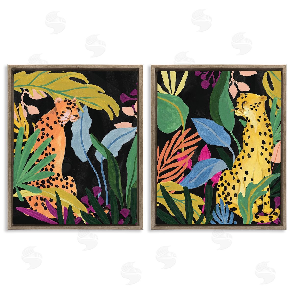 June Erica Vess Leopards & Tropical Leaves Brown Floating Frame Canvas Wall Art Print