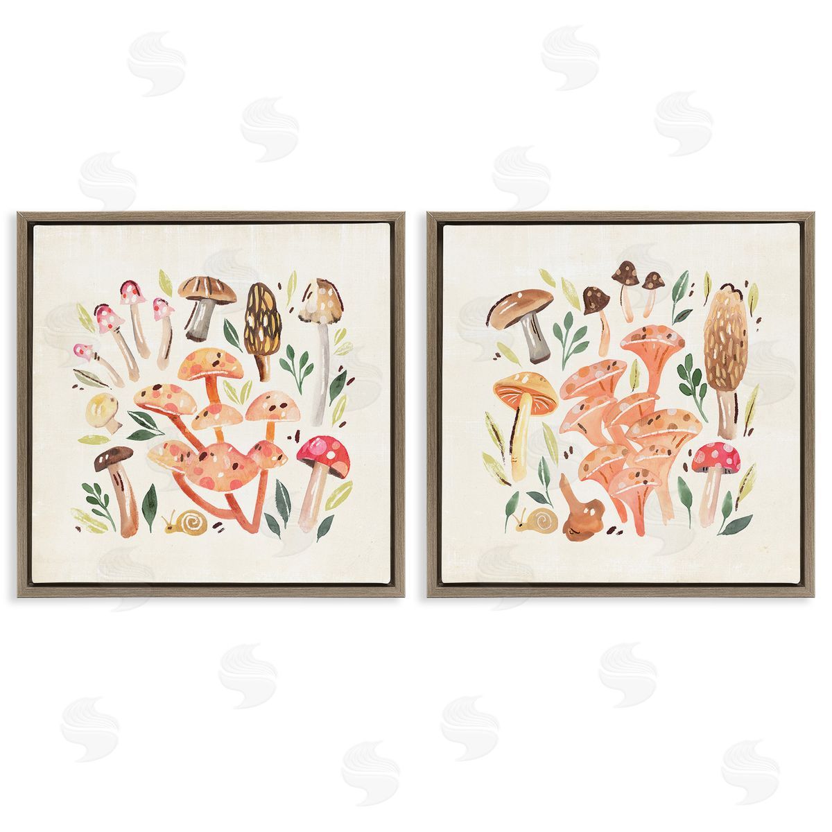 Annie Warren Mushroom & Leaves Pattern Brown Floating Frame Canvas Wall Art Print
