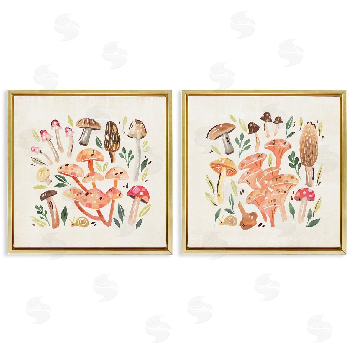 Annie Warren Mushroom & Leaves Pattern Gold Floating Frame Canvas Wall Art Print