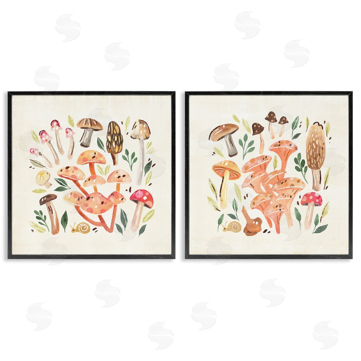 Annie Warren Mushroom & Leaves Pattern Black Framed Giclee Wall Art Print