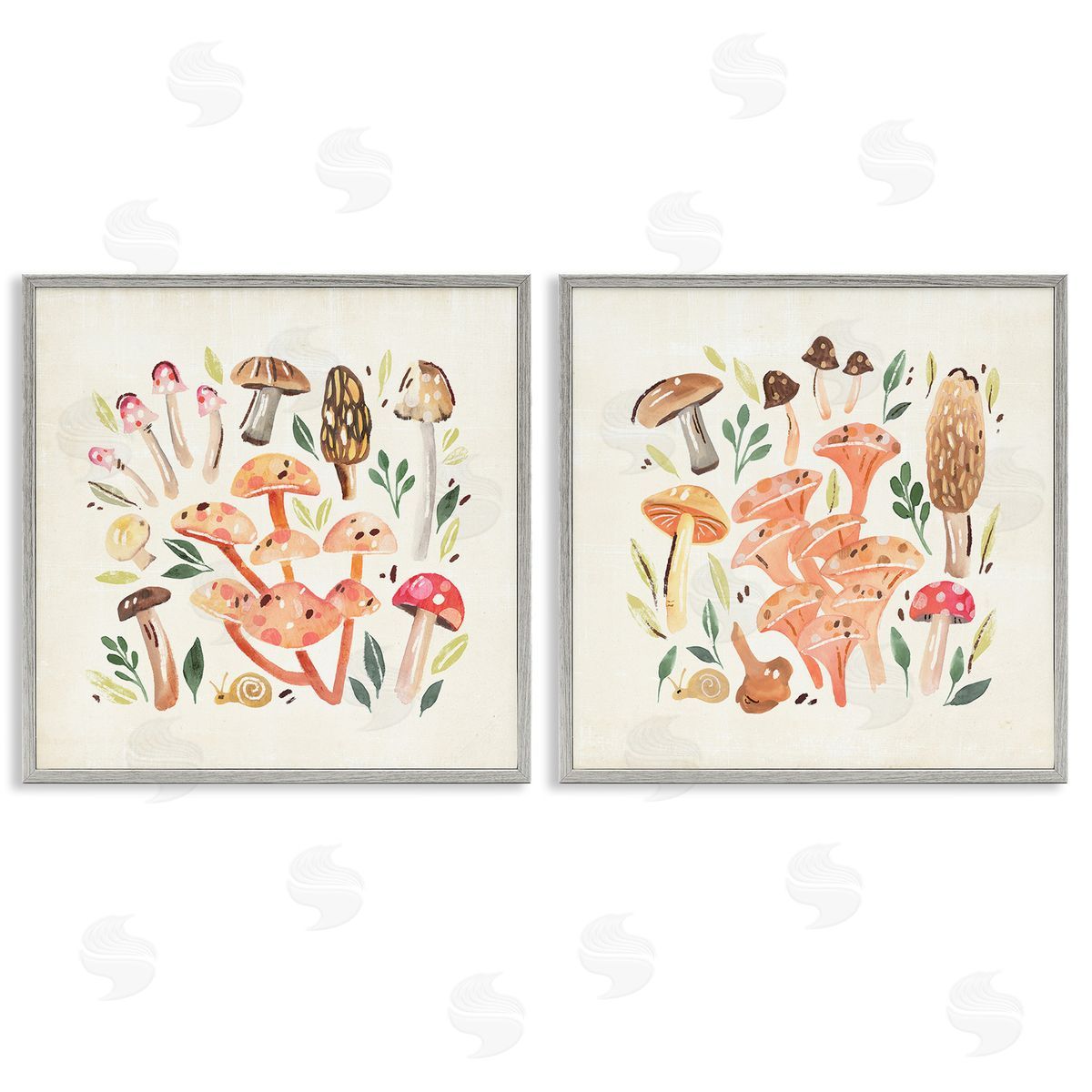 Annie Warren Mushroom & Leaves Pattern Gray Framed Giclee Wall Art Print