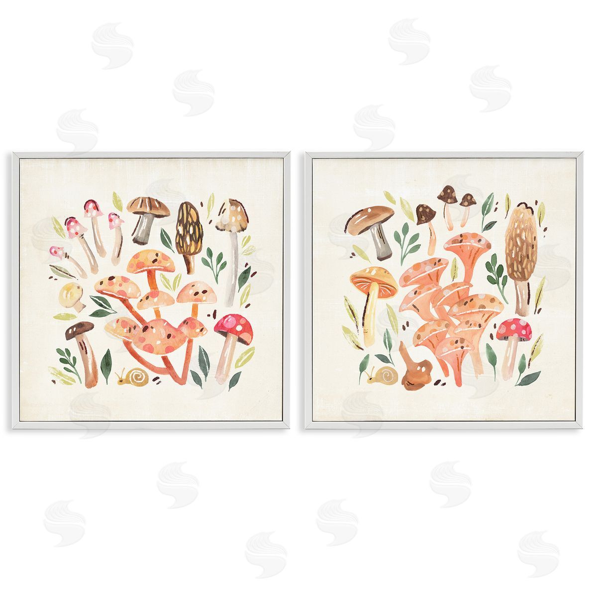 Annie Warren Mushroom & Leaves Pattern White Framed Giclee Wall Art Print