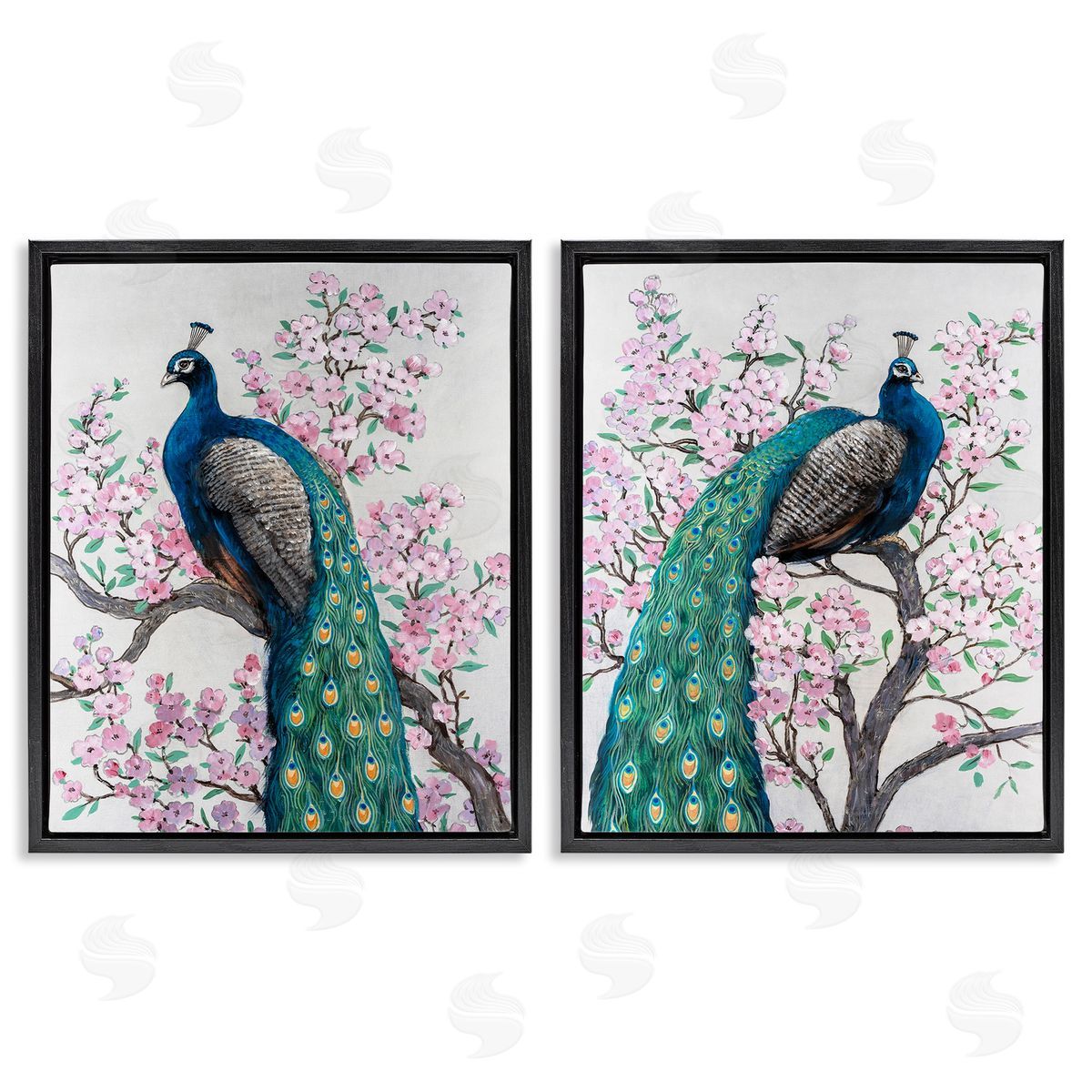Tim O'Toole Floral Peacocks Perched Black Floating Frame Canvas Wall Art Print