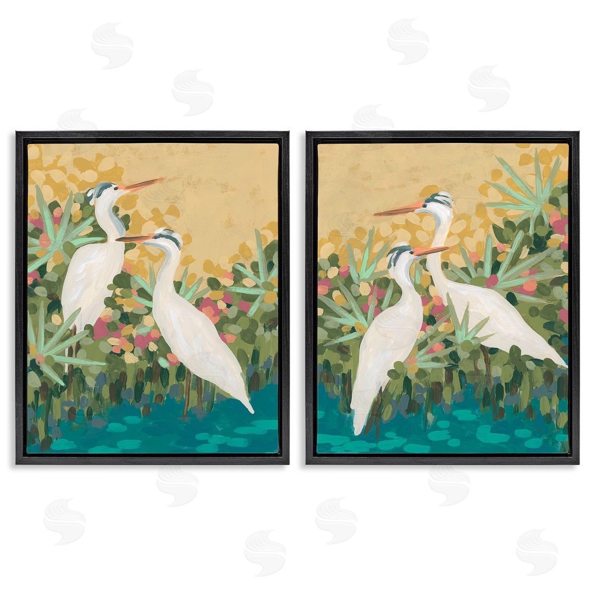 June Erica Vess Birds & Pond Botanicals Black Floating Frame Canvas Wall Art Print