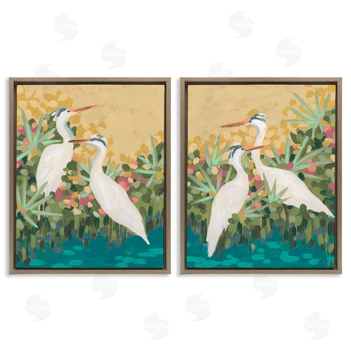June Erica Vess Birds & Pond Botanicals Brown Floating Frame Canvas Wall Art Print