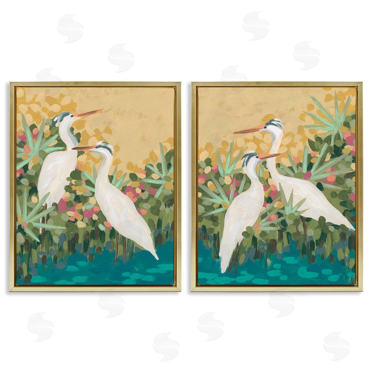 June Erica Vess Birds & Pond Botanicals Gold Floating Frame Canvas Wall Art Print