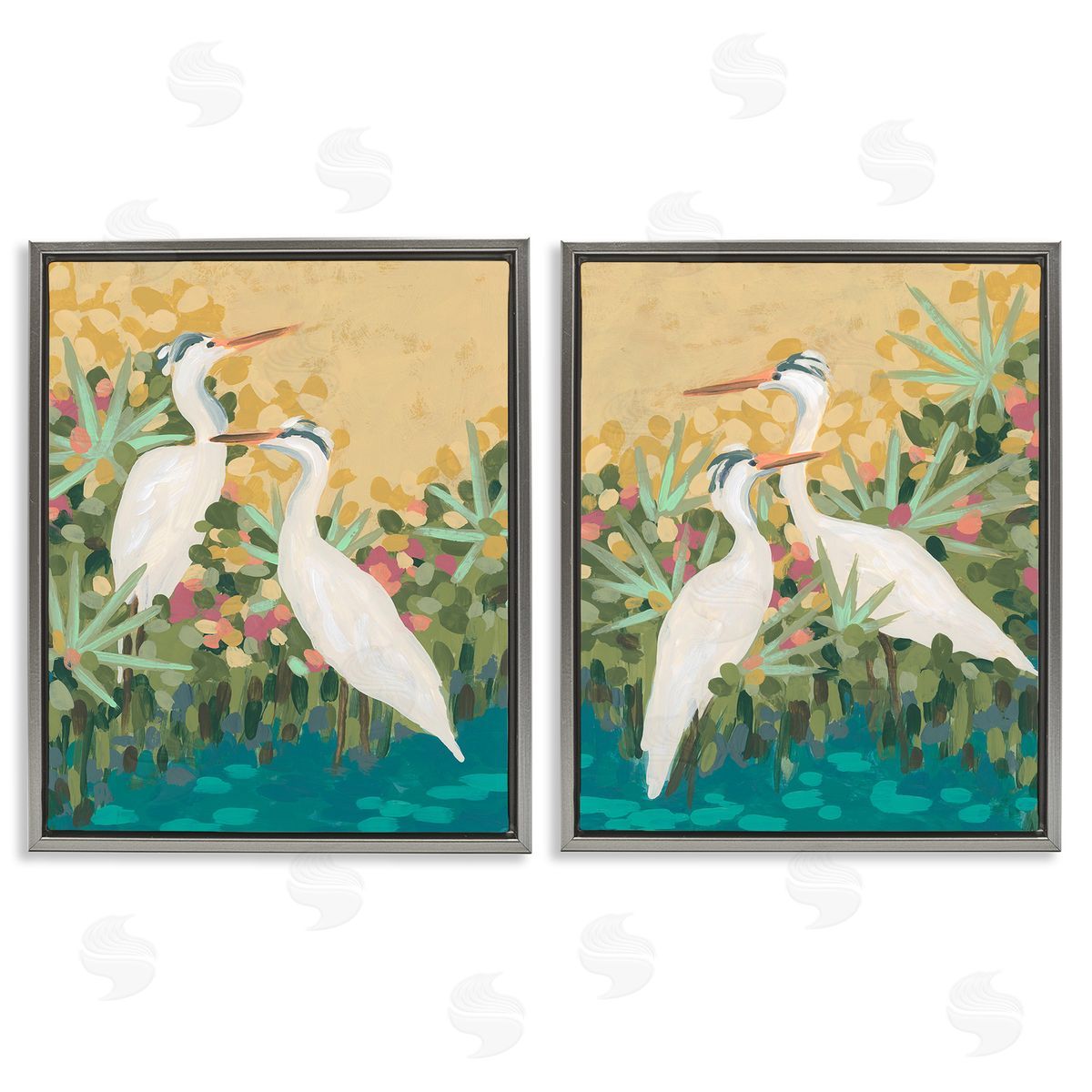 June Erica Vess Birds & Pond Botanicals Gray Floating Frame Canvas Wall Art Print