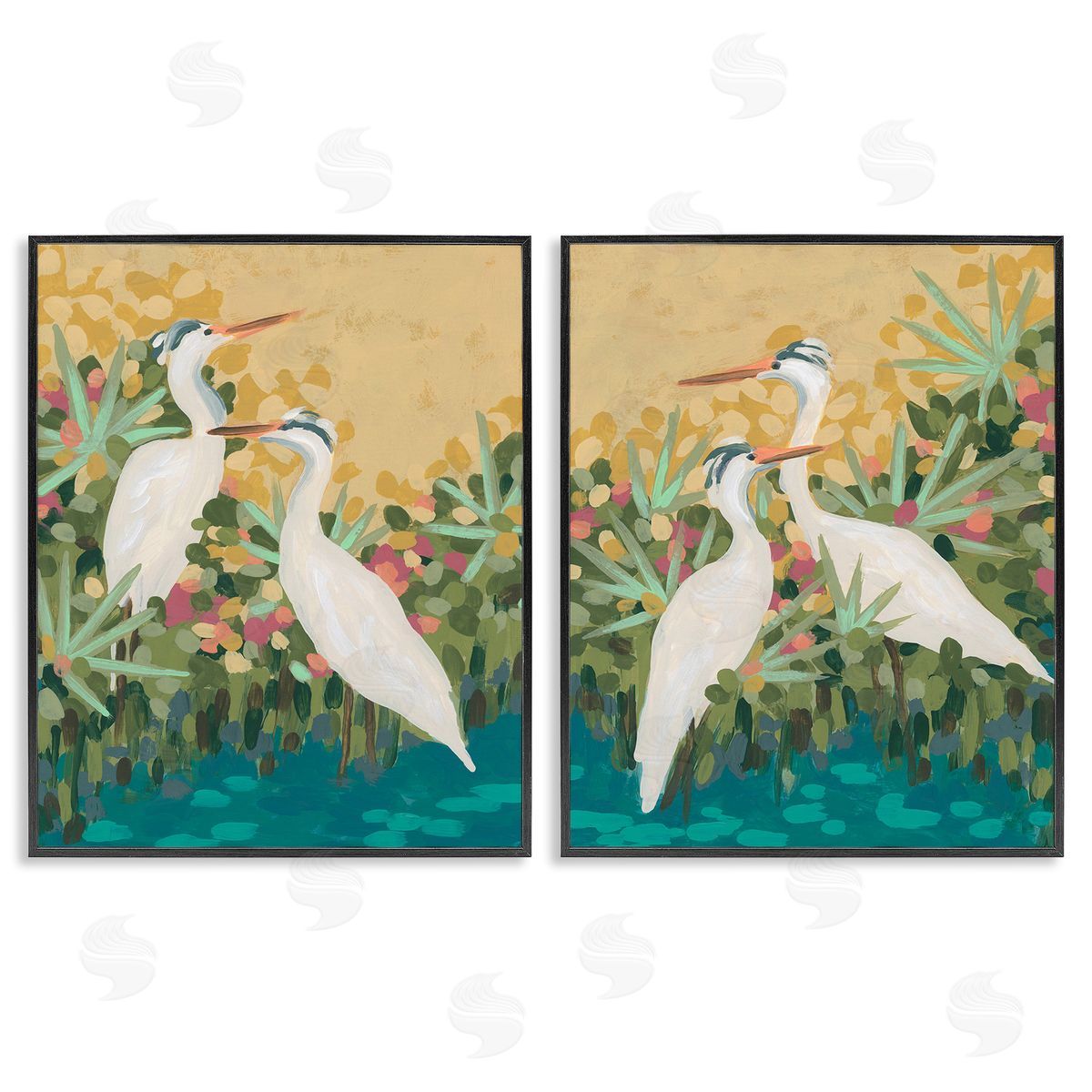 June Erica Vess Birds & Pond Botanicals Black Framed Giclee Wall Art Print