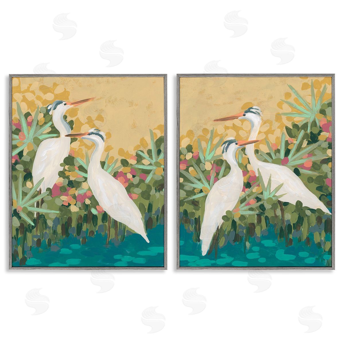 June Erica Vess Birds & Pond Botanicals Gray Framed Giclee Wall Art Print