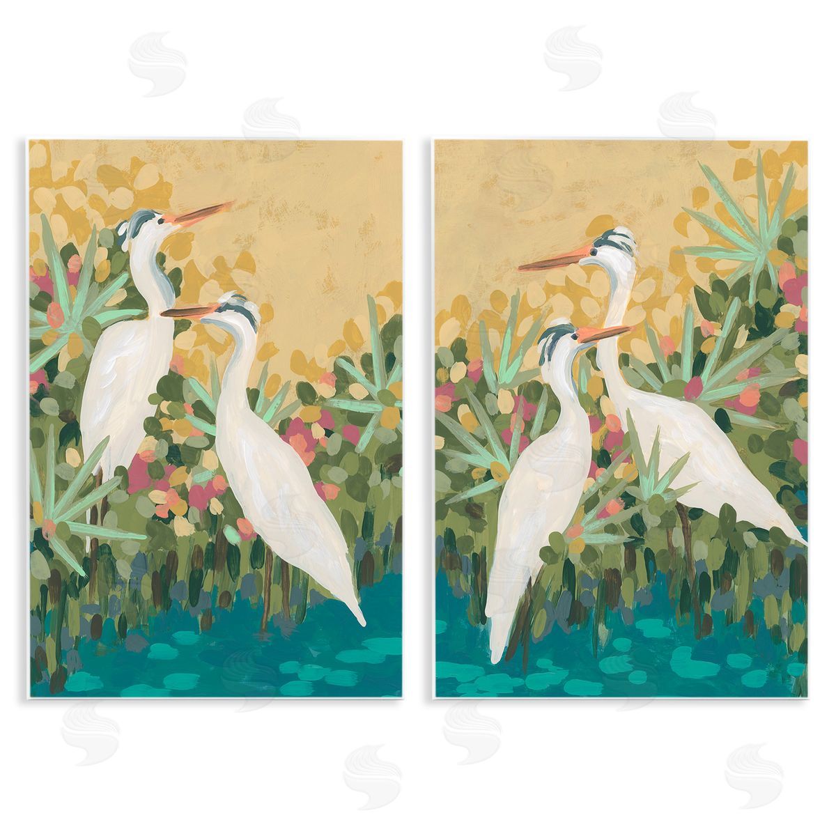 June Erica Vess Birds & Pond Botanicals Wooden Wall Plaque Art Print