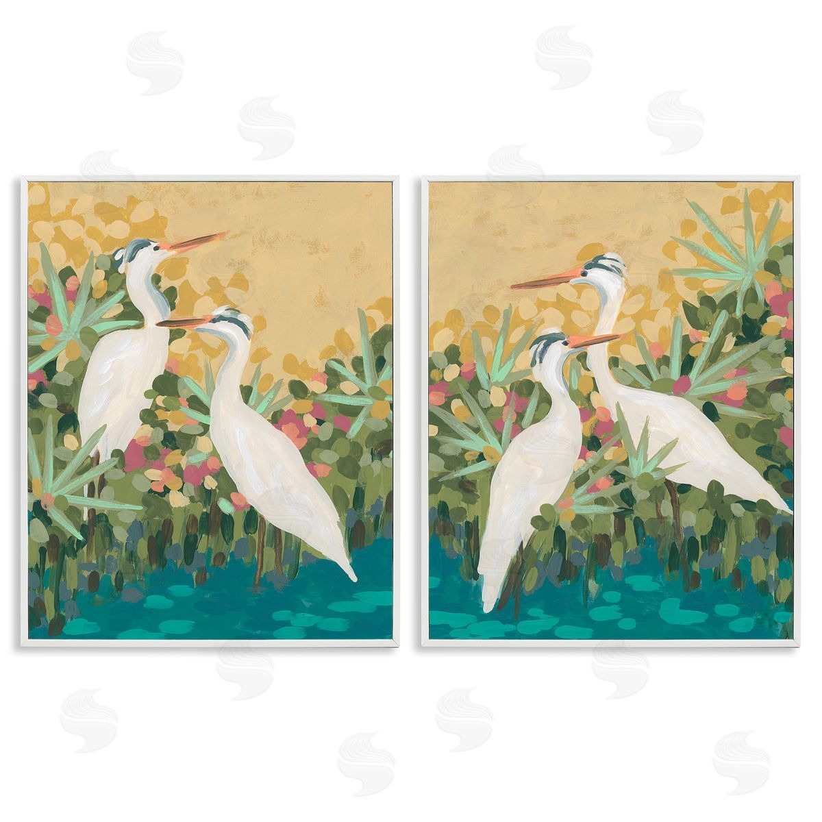 June Erica Vess Birds & Pond Botanicals White Framed Giclee Wall Art Print