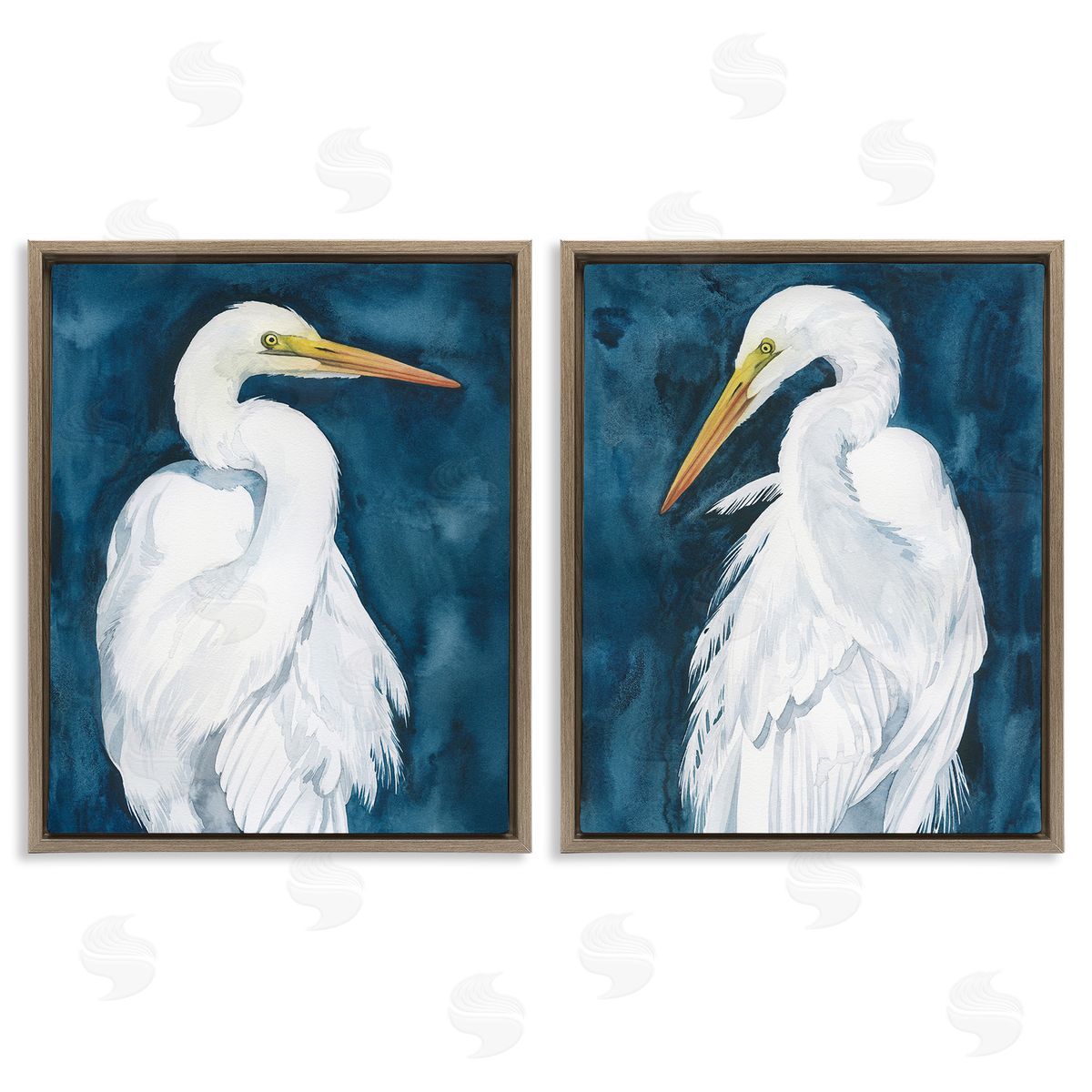 Grace Popp Elegant Egrets on Blue Brown Floating Frame Canvas Wall Art Print