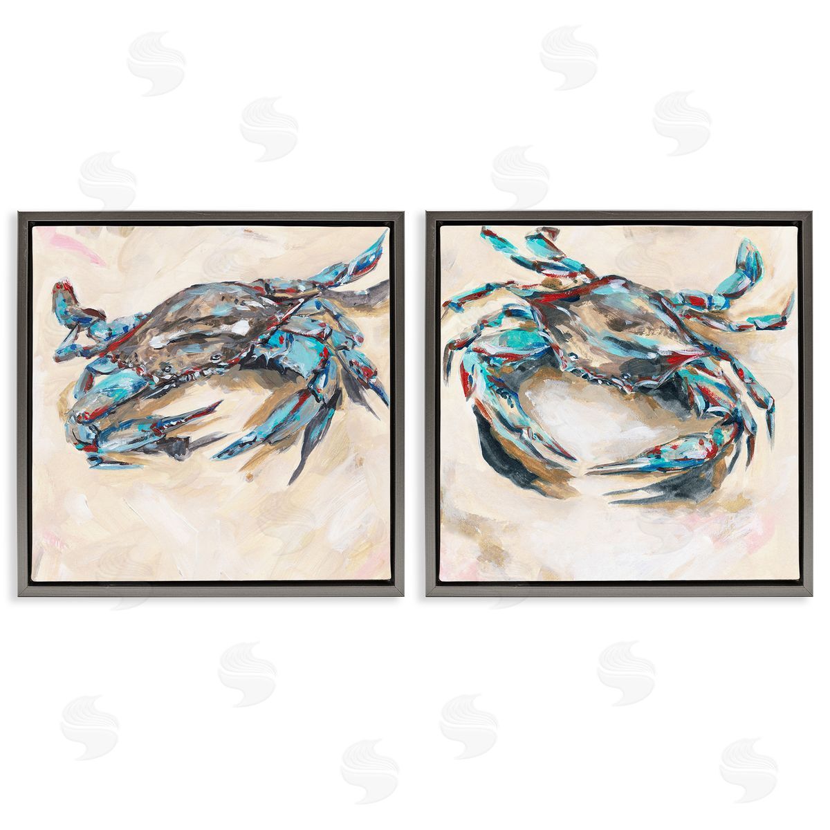 Melissa Wang Blue Crabs on Sand Gray Floating Frame Canvas Wall Art Print
