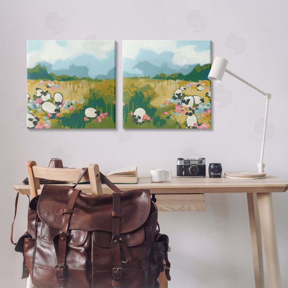 June Erica Vess Scattered Sheep in Field Canvas Wall Art Print in Room