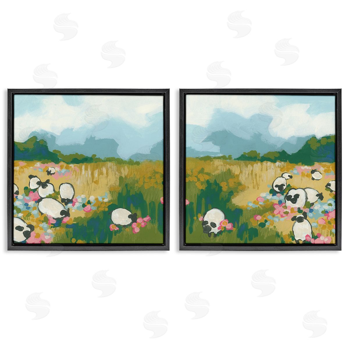 June Erica Vess Scattered Sheep in Field Black Floating Frame Canvas Wall Art Print