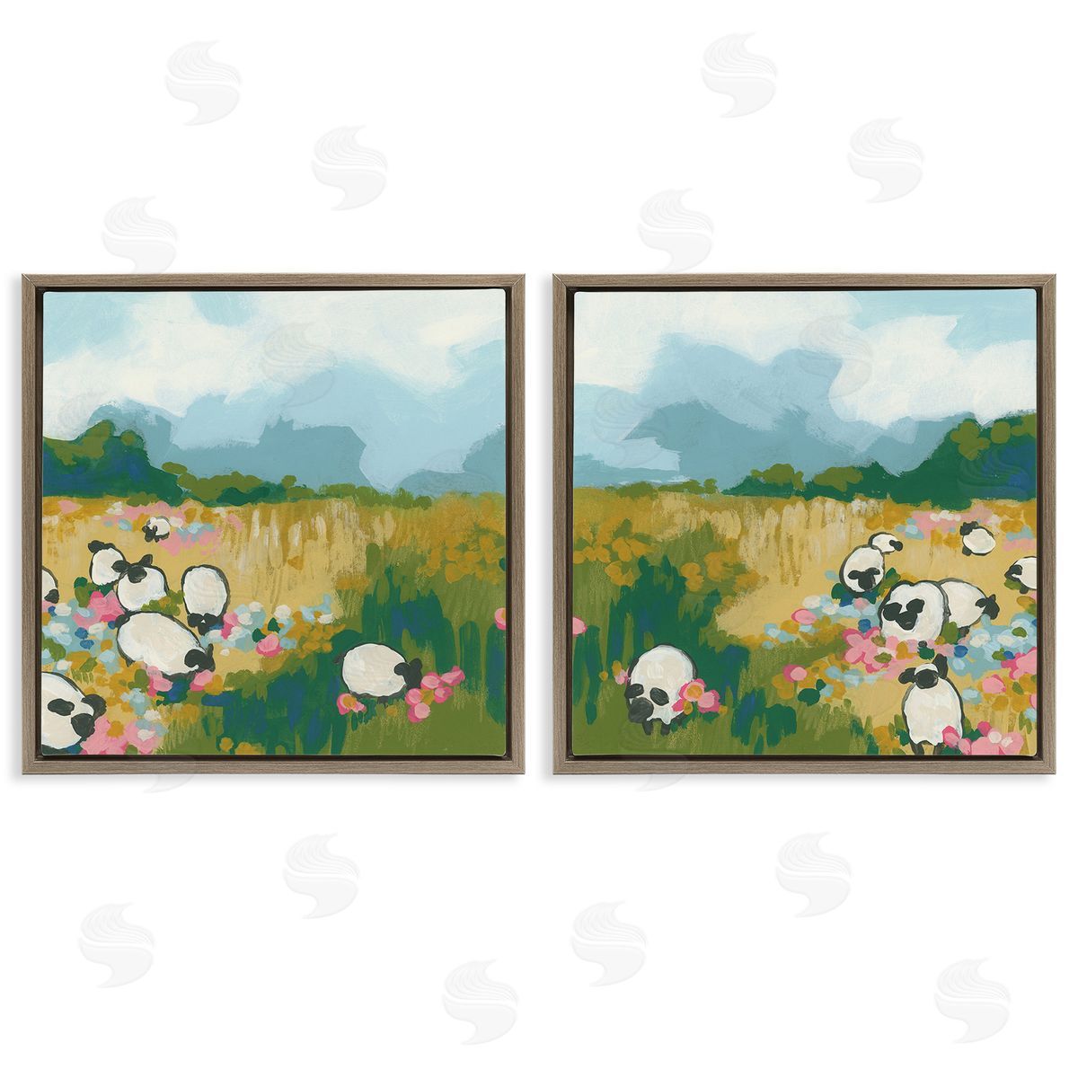 June Erica Vess Scattered Sheep in Field Brown Floating Frame Canvas Wall Art Print