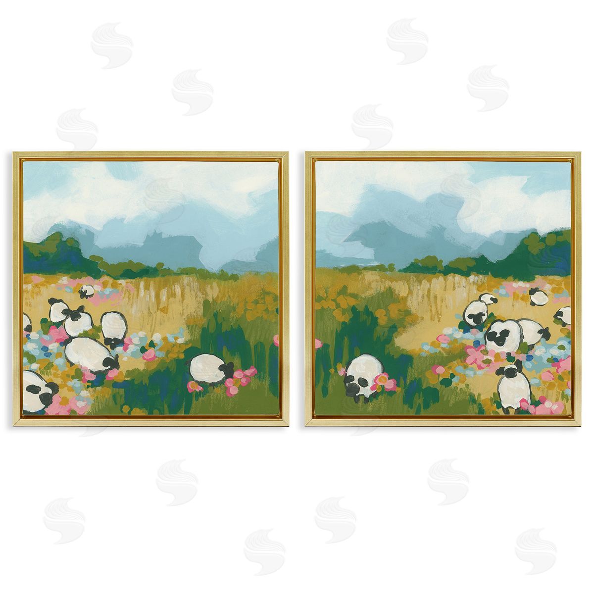 June Erica Vess Scattered Sheep in Field Gold Floating Frame Canvas Wall Art Print