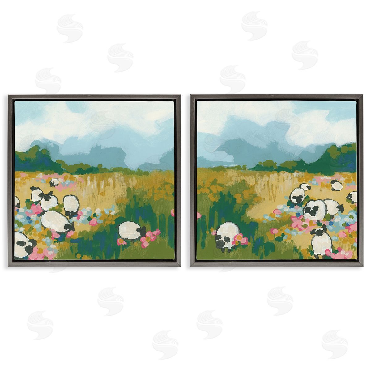 June Erica Vess Scattered Sheep in Field Gray Floating Frame Canvas Wall Art Print