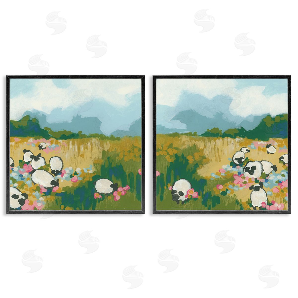 June Erica Vess Scattered Sheep in Field Black Framed Giclee Wall Art Print
