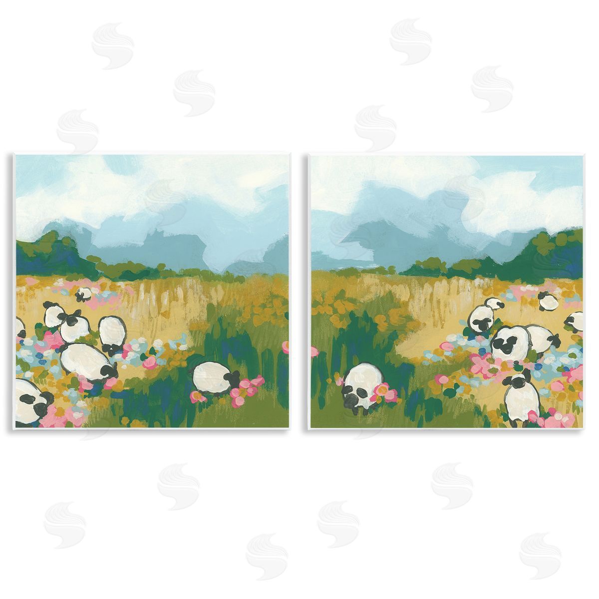 June Erica Vess Scattered Sheep in Field Wooden Wall Plaque Art Print