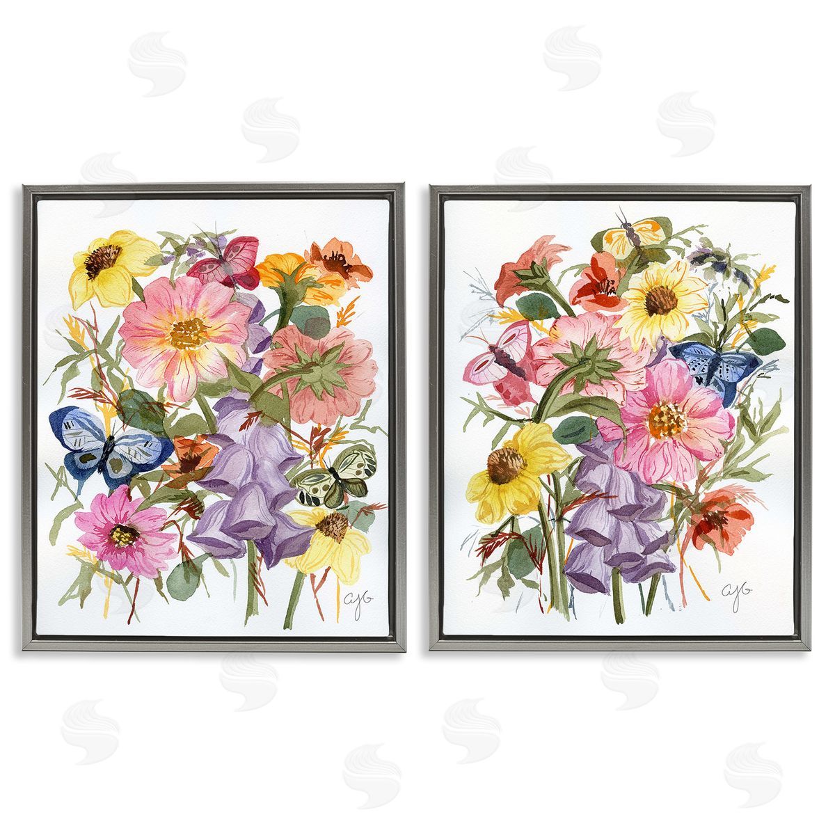 Alexandria Gilbert Kincaid Traditional Butterflies & Florals Gray Floating Frame Canvas Wall Art Print