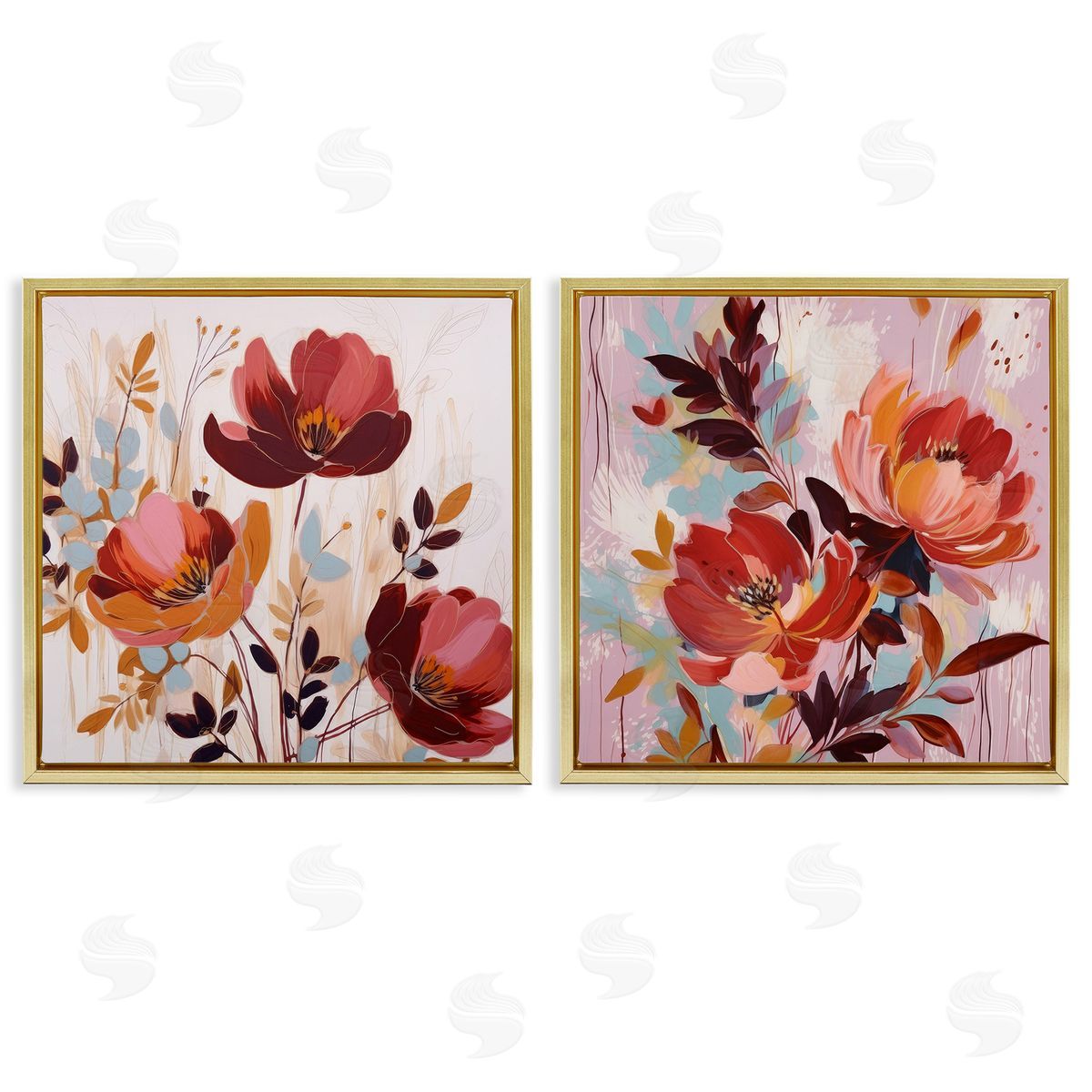 Lazar Studio Red Modern Flowers Gold Floating Frame Canvas Wall Art Print