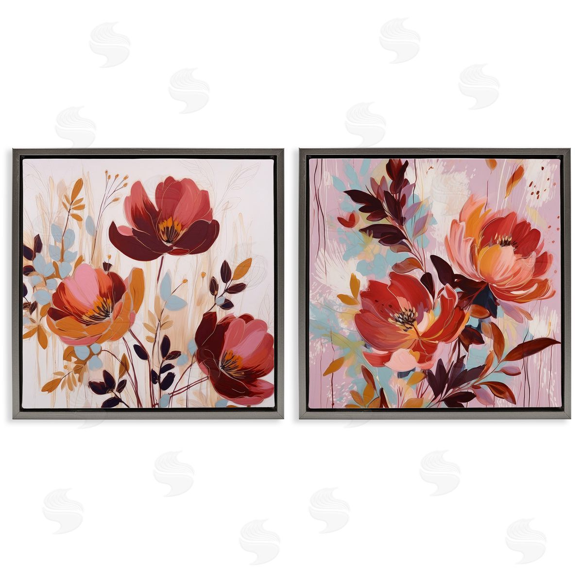 Lazar Studio Red Modern Flowers Gray Floating Frame Canvas Wall Art Print