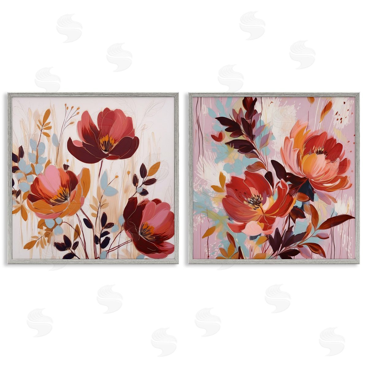 Lazar Studio Red Modern Flowers Gray Framed Giclee Wall Art Print