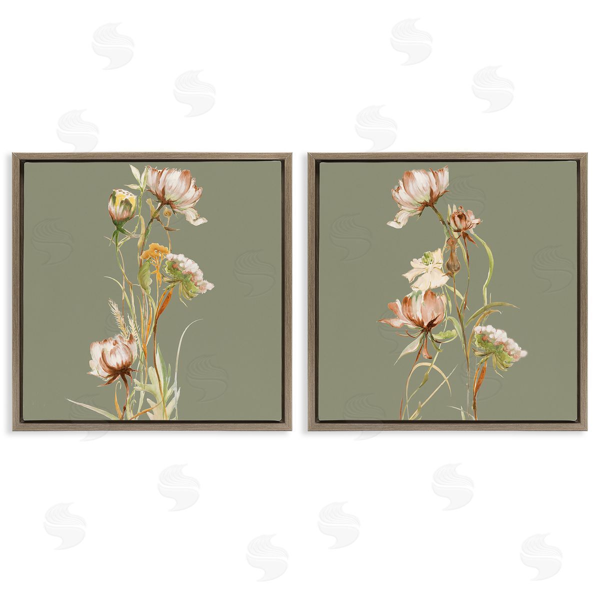 Liz Jardine Classic Blooms on Green Brown Floating Frame Canvas Wall Art Print