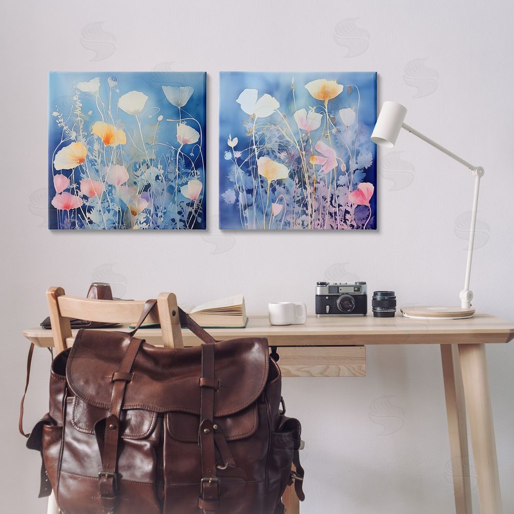 Irena Orlov Abstract Poppies on Blue Canvas Wall Art Print in Room