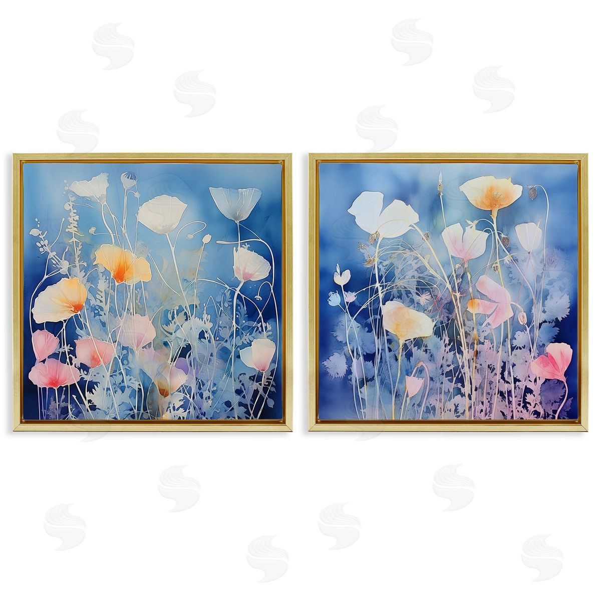 Irena Orlov Abstract Poppies on Blue Gold Floating Frame Canvas Wall Art Print
