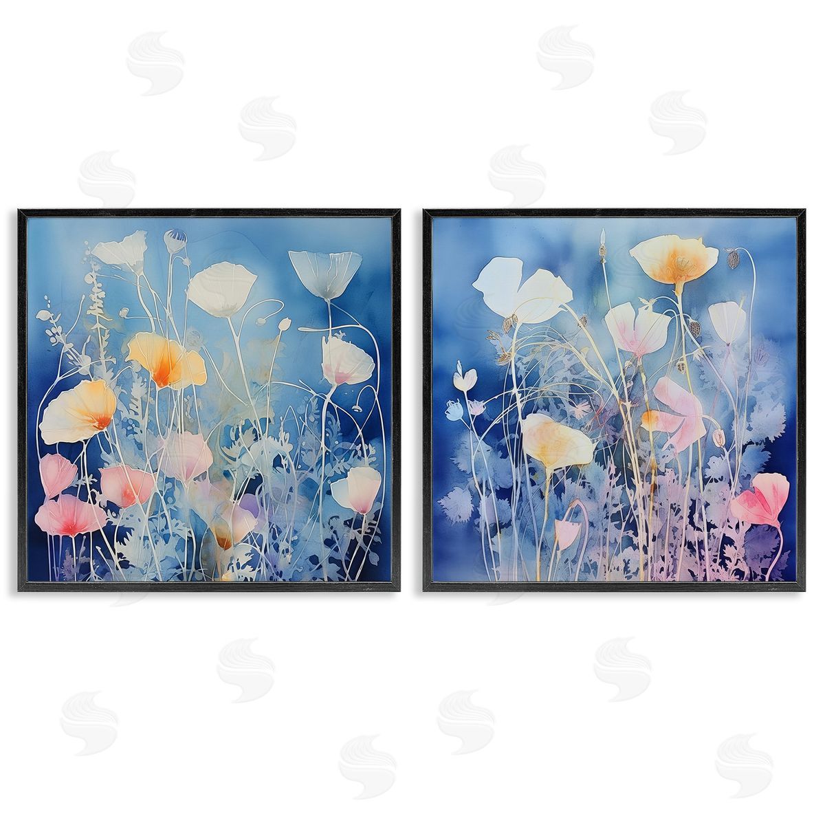 Irena Orlov Abstract Poppies on Blue Black Framed Giclee Wall Art Print