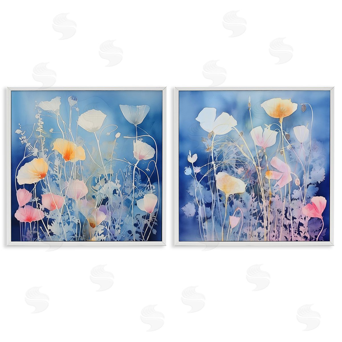 Irena Orlov Abstract Poppies on Blue White Framed Giclee Wall Art Print