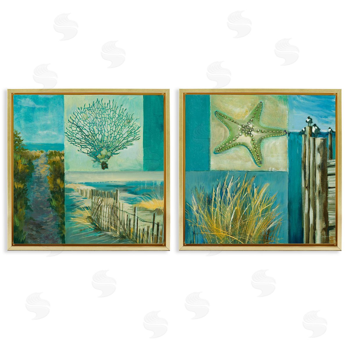 Liz Jardine Maritime Summer Collage Gold Floating Frame Canvas Wall Art Print